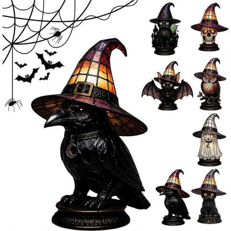 Lampe de table chapeau de sorcière chat noir en vitrail pour Halloween, veilleuse gothique artisanale à lumière chaude, lampe décorative saisonnière pour chambre à coucher (15 cm) (1/5)