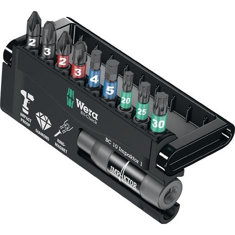 Assortiment d'embouts Bit-Check 10 Impaktor 1 10 pièces PH/PZD/T/6 pans porte-outils à changemen