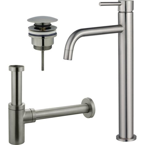FugaFlow Eccelente Sobrado Slim Slim Kit mitigeur lavabo - robinet rehaussé - bonde clic clac - siphon design - PVD Inox brossé (1/4)