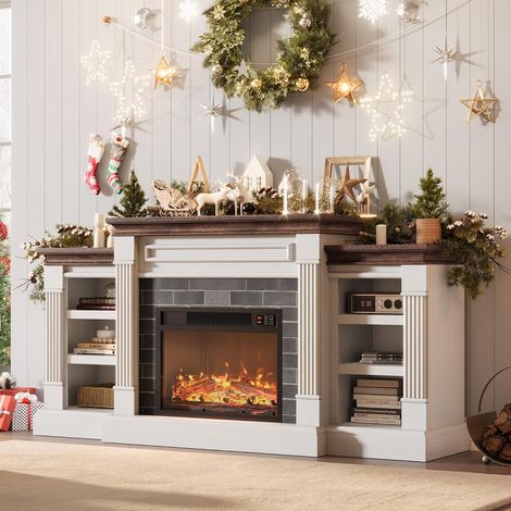 Meuble TV blanc avec cheminée électrique 180,34 cm, flammes 3D télécommandées, imitation pierre, convient TV jusqu'à 80 pouces (1/5)