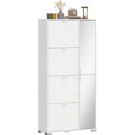 Meuble à chaussures avec miroir, 4 tiroirs à abattants, meuble à chaussures d'entrée, blanc (1/3)