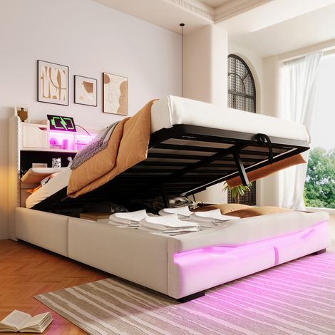 Cama con almacenaje 140x200cm luces LED ambiente control remoto diseño tapizado lino y MDF beige(Sin colchón) (1/5)