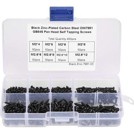 400Pcs M2/M2.6 Jeu de vis taraudeuses, Kit d'assortiment de vis à tête cylindrique transversale noire (1/5)