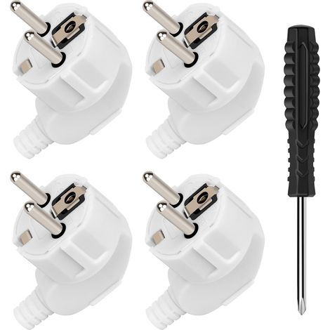 4PCS 250V 16A Prise Electrique Male et 1 Tournevis,Fiches Schuko,Prise Male Etanche Exterieur,Fiche Coudée Fiches Electrique de Mise à la Terre,Appareils Electroménagers aux Luminaires Prises (Bianco) (1/5)