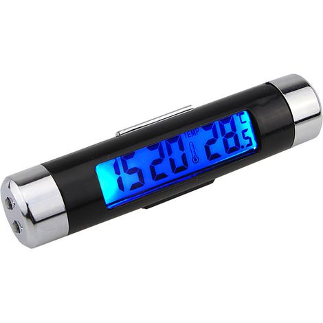 Horloge de voiture 2 en 1 avec thermomètre, affichage LED rétroéclairé bleu, compatible bouches d'aération, 12/24h, idéale pour voiture et camion