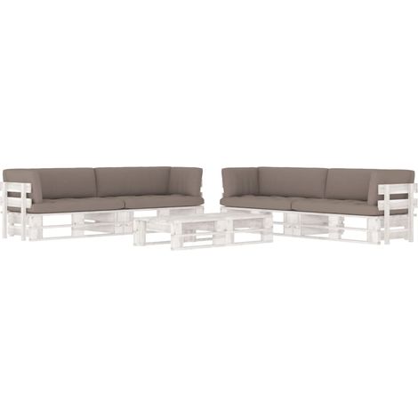 Salon de jardin palette 6 pcs et coussins Pin imprégné de blanc