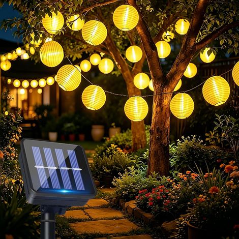 Guirlande Lumineuse Solaire Lanternes Extérieures, 8M 30 LED Guirlande Lampion Exterieur, 8 Modes IP65 Étanche Éclairage Solaire pour Décoration de Jardin, Terrasse, Balcon, Fête, Noël (Blanc Chaud) (1/5)