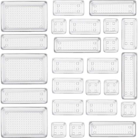 , confezione da 25 organizer trasparenti per cassetti, con 4 contenitori in plastica di diverse dimensioni, organizer per trucchi trasparente antiscivolo per bagno e cosmetici (1/4)