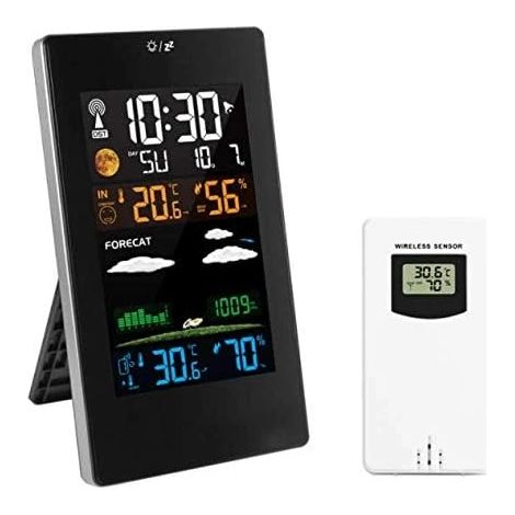 Thermomètre, instrument météorologique, horloge à luminosité variable avec capteur extérieur/alerte de température/humidité/baromètre/phase lunaire (1/5)