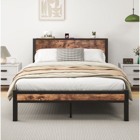 Cama individual 140x200 cm marrón antiguo de MDF y metal con cabecero de almacenamiento (1/5)