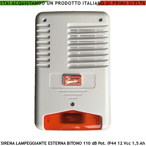 Sirena Con Lampeggiante a Led Tromba Magnetodinamica da Esternoa Melodia Bitonale Frequenza 1724 ± 2475 Hz 110 dB 12 Vcc Assorbimento 1,5 Ah Vano Comando Allarme Caduta +/- Batteria 12 V 2 Ah Esclusa (1/3)
