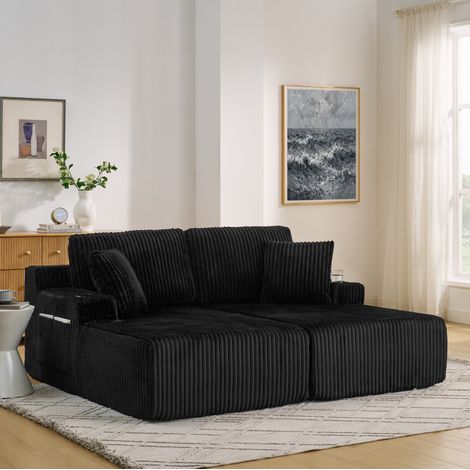 Divano letto 2 posti in tessuto effetto corda nero con porta riviste, portabicchieri e cuscini (1/5)