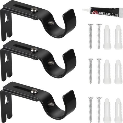 Lot de 3 supports de tringle à rideaux réglables en métal - Diamètre : 20 à 25 mm - Longueur réglable : 3 cm - Tringle à rideaux auto-adhésive et perçage - Pour la maison et le bureau - Noir (1/4)