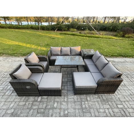 Fimous Garten Sofa im Freien Set Polyrattan Gartenmöbel Set mit Rechteckiger Esstisch Beistelltisch 2 hohen Hockern Dunkelgrau Gemischt (1/5)