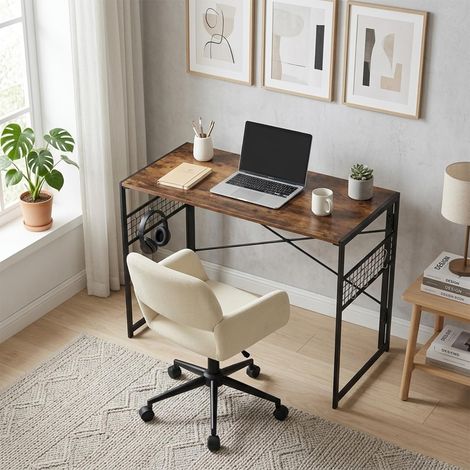 Meuble Bureau Pliable pour Petits Espaces Postes de Travail Table d'Ordinateur Pliante, Assemblage Facile, Cadre en Métal, pour Chambre, Balcon ou Camping, Marron Rustique (1/5)