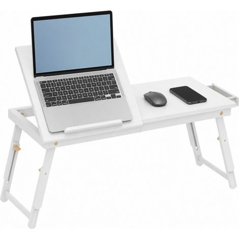 Table de lit bambou blanc 83,5x33x34cm pour ordinateur portable, plateau inclinable pliable avec rangement (1/5)