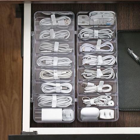Caja de almacenamiento de cables de plástico rígido transparente – 8 compartimentos + 10 bridas, modelo grande con tapa.