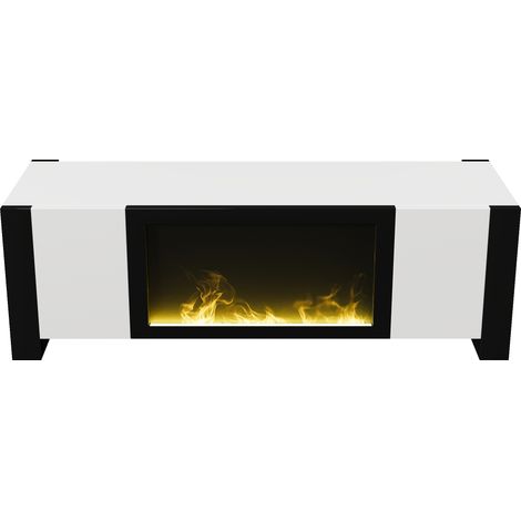 Meuble TV avec cheminée électrique décorative, finition laquée blanche et noire, 165x55x32 cm (1/5)