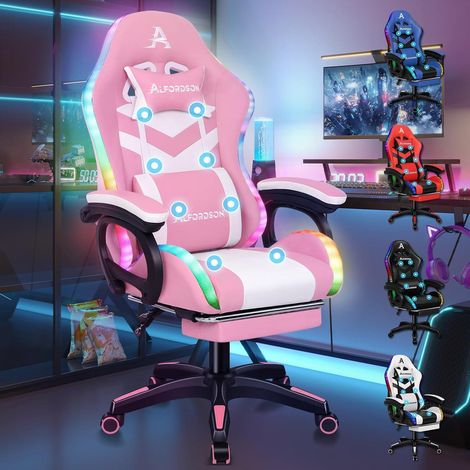 Gamer Stuhl Rosa Ergonomisch Lendenstütze Kopfstütze Massage 150° Neigung (1/5)