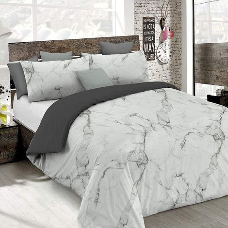 Set Copripiumino Microfibra Fashion, Lavorato in Italia - Parure Copri Piumino - Sacco Piumone 200x200 cm con Patella e Federe Cuscino, Piazza e Mezza, Marble (1/4)