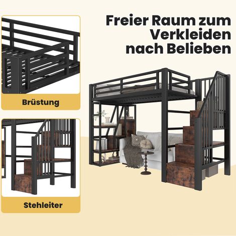 Lit surélevé 90x200 cm, cadre en acier, tiroirs intégrés, escalier avec rangement, garde-corps de protection, rampe, spots LED, zone de stockage ouverte dessous, sans matelas, teinte noire (1/5)