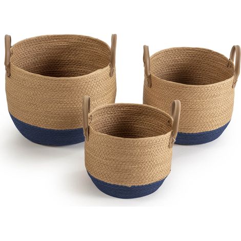 Set de 3 cestas Tecla de fibra natural con asas, azul/natural