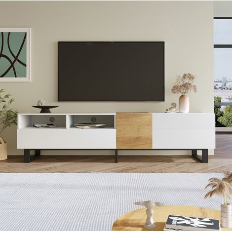 Mobile TV moderno 180x38x50 cm in MDF e metallo bianco, ampio spazio per soggiorno FloraGrace (1/5)