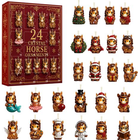 Pferde-Adventskalender – 24 flache 2D-Acryl-Anhänger mit niedlichen Pferdemotiven – Überraschungsbox für den Weihnachtskalender – Christbaumschmuck und festliches Geschenk (1/5)