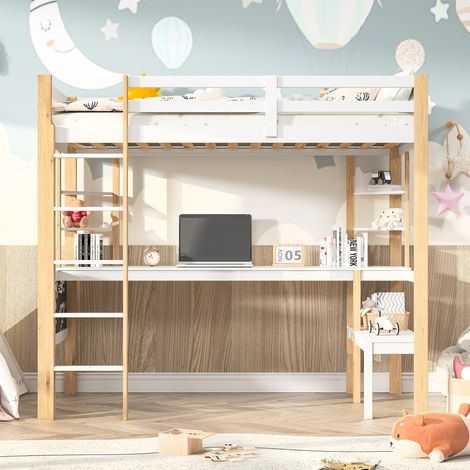 Letto soppalco bambino 90x200 cm, letto soppalco 2 posti, con scrivania e ripiani, letto rialzato in pino bianco e legno naturale, con scala stabile, barriere di sicurezza, lavagna nera decorativa