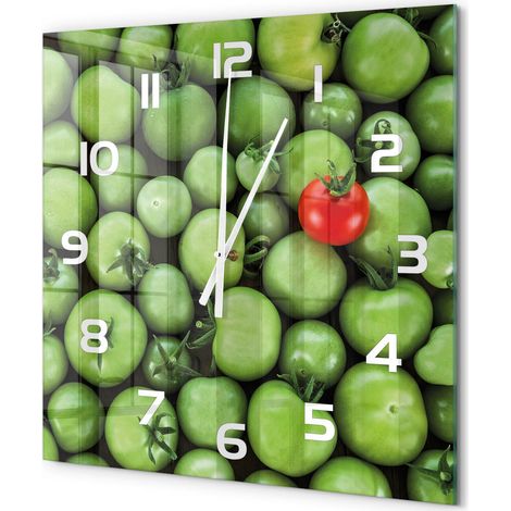 Grande Horloge Murale Carrée Décoration Cuisine en Verre Trempé Silencieuse Moderne Tomate mûre 60x60 cm (1/5)