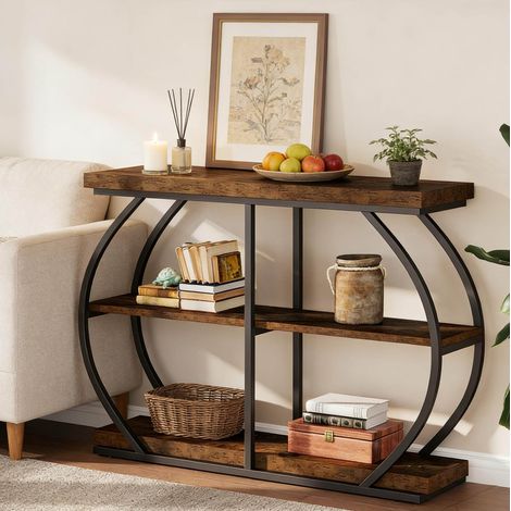 Console industrielle 105x24x80 cm marron en métal et bois avec 3 niveaux de rangement (1/5)