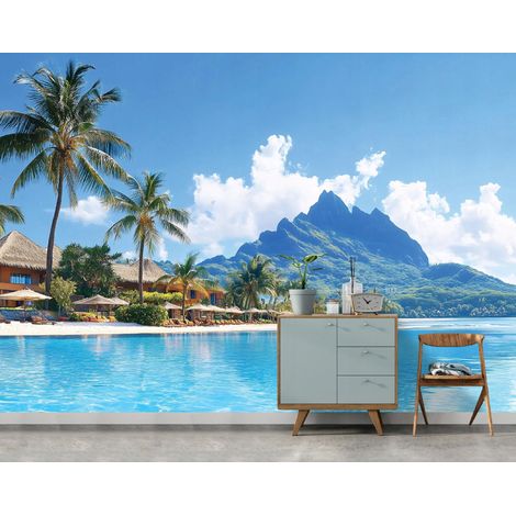 Vlies Fototapete Landschaft 150x105 cm, Tapeten, für Wohn und Schlafzimmer, Vliestapete Wandtapete Tapete 3D Effekt- inkl. Kleister - Tropisch Meer Strand Ozean Insel, WallArena (1/4)