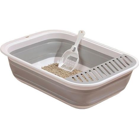 Große Katzentoilette – flaches Design – mit Schaufel – geeignet für ältere Katzen – reisefreundlich – faltbar – 45 x 34 x 12,5 cm – Grau (1/5)