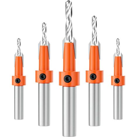 5-teiliger Holzsenkerbohrer, HSS-Senkbohrer, konisch, 10 mm Sechskantschaft, Senkerbohrer, Fasenbohrer-Set für die Holzbearbeitung