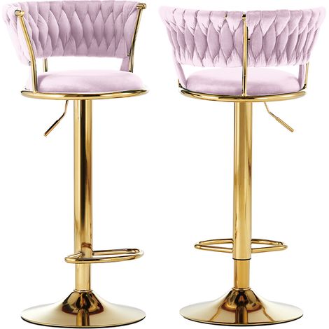 Set 2 Sgabelli Cucina Bar Schienale Intrecciato in Velluto Rosa Struttura Oro (1/5)