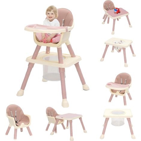 Chaise Haute Bébé Evolutive 7 en 1 avec Table à Manger, Repose-Pieds, Panier, Ceinture et Double Plateau Détachable, Chaise Haute Confort pour Bébé de 6 Mois à 6 Ans (Rose) (1/5)