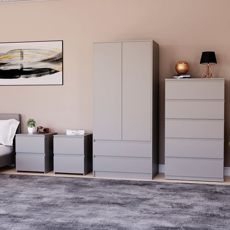 4 Piece Denver Bedroom Set, 2 Drawer Large Bedside Chest x2, 5 Drawer Chest, 2 Door 2 Drawer Wardrobe, Grey (1/3)