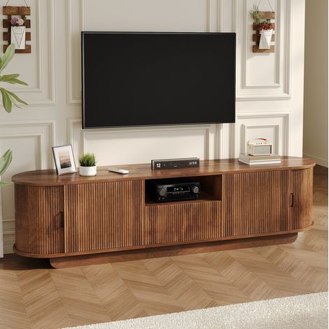 Meuble TV bas avec portes coulissantes, niche ouverte et tiroir, structure ondulée 3D, noyer MDF/PB, 180x40x50 cm (1/5)