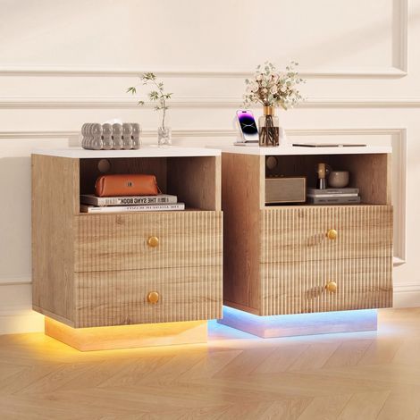 Lot de 2 Tables de Chevet, avec LED USB/USB-C 2 Tiroirs 1 Niche Rangement - Étanche Bout de Canapé Design Moderne - 44x38x30cm (1/5)