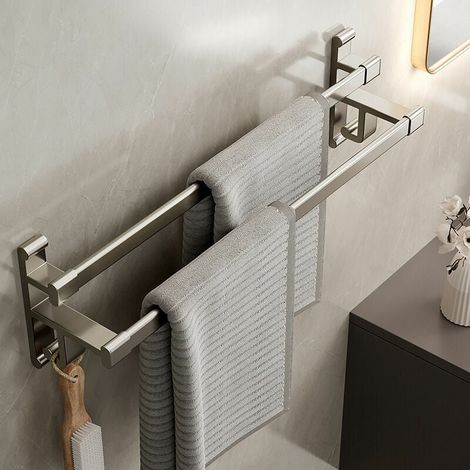 Porte-serviettes de salle de bain sans trous porte-serviettes double bras salle de bain double espace porte-serviettes de salle de bain en aluminium porte-serviettes auto-adhésif gris métallisé double (1/5)