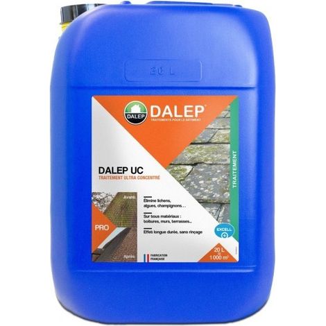 Dalep – Bidon fongicide curatif 20 L – Élimine algues, lichens et champignons – Prêt à l'emploi pour 50 m² – Application directe sans rinçage