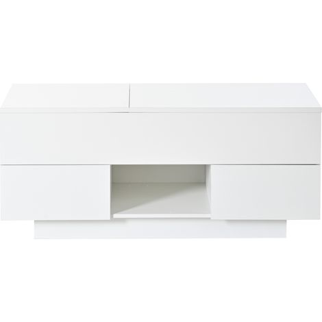 Table basse relevable blanche brillante avec éclairage LED, 2 tiroirs et rangement caché, hauteur réglable, 100 x 45 x 43 cm (1/5)
