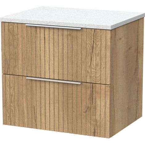 Callingwood Contemporary Wall Hung 2 Drawer Vanity Unit with White Nebula Laminate Worktop , 600mm, Autumn Oak