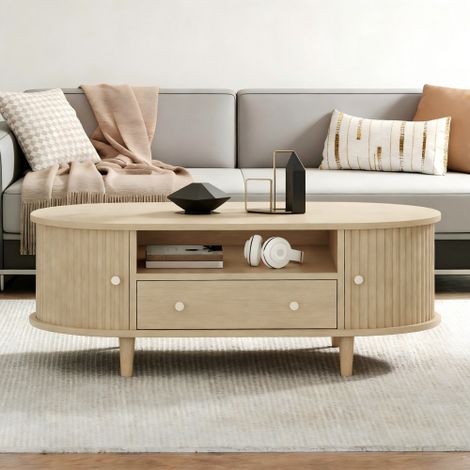 Table basse de salon, finition bois. Table basse avec un tiroir et un espace de rangement ouvert, table d'appoint avec porte coulissante, table de salon reposant sur 4 pieds.