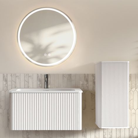 Ensemble de meubles de salle de bain avec lavabo et miroir LED, meuble sous vasque suspendu de 80 cm de large, miroir de salle de bain rond, ensemble de meubles de salle de bain moderne avec meuble la (1/4)