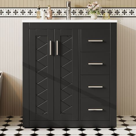 Meuble vasque autoportant noir 76x46,5x85,5 cm laqué 3 tiroirs glissières silencieuses vasque intégrée (1/5)
