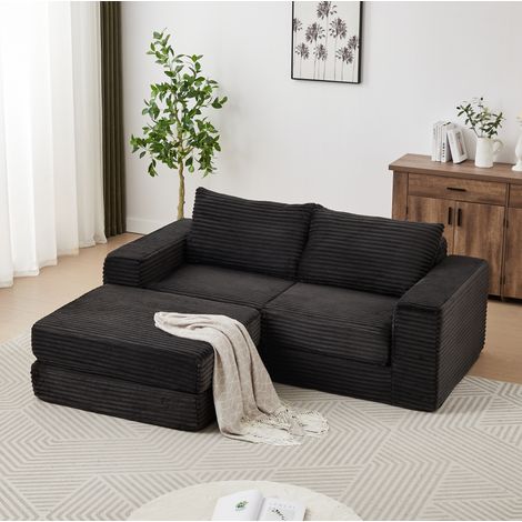 Sofa-Bett aus Cord in Schwarz, modular mit beweglicher Fußstütze, 2-in-1 als Sofa und Bett (1/5)
