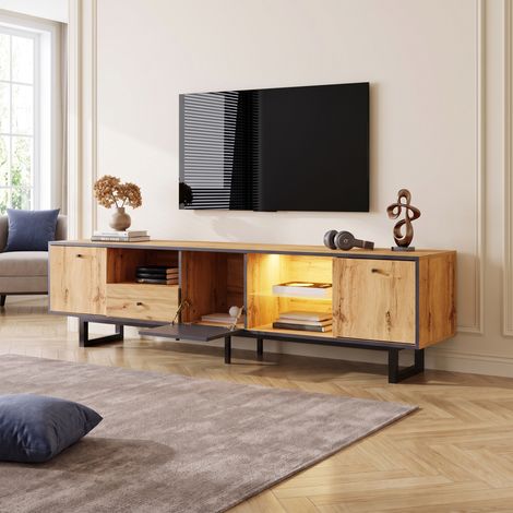 Meuble TV 190x40x50cm avec Éclairage LED et Étagères en Verre Panneau de Particules Style Industriel Bois et Anthracite (1/5)