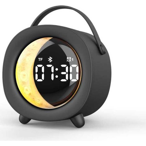 Réveil Bluetooth noir, conçu pour les enfants, avec veilleuse, mini haut-parleur portable et batterie haute capacité. (1/5)
