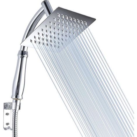 Soffione doccia a pioggia di alta qualità con doccetta, in acciaio inox, forma quadrata da 15 cm con braccio di prolunga e staffe, ideale per bagni di lusso. (1/5)